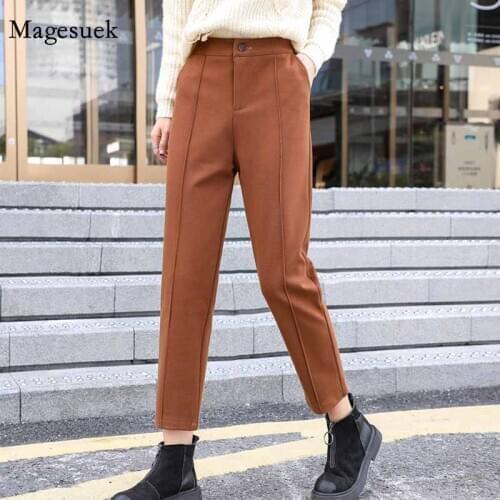 Casual Straight Loose Harem Trousers 2020 New Woolen Pants Women Autumn and Winter Slimming Solid Calf-length Pants Women 11584