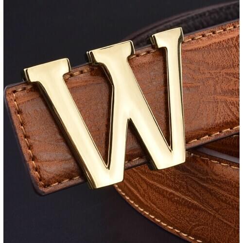 W letter gold mens belts luxury genuine leather brand Smooth buckle Black famous Designer Cowskin Strap Wide Belt Luxe marque