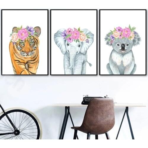 Elephant Deer Koala Sloth Zebra Tiger Garland Wall Art Canvas Painting Nordic Posters And Prints Wall Pictures Kids Room Decor