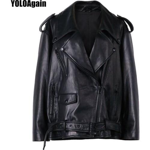 YOLOAgain Spring Oversized Black Women Genuine Leather Motorcycle Jacket
