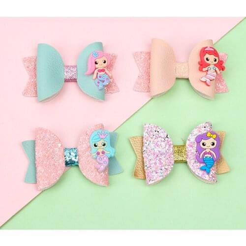Xugar 2 Pcs/lots Leather Mermaid Hair Bows For Girls Kids Shiny Glitter Stack Hair Clips Hairpins Fashion Hair Accessories