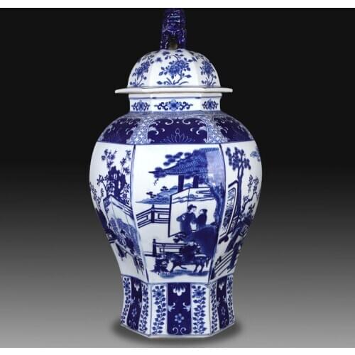 Jingdezhen Porcelain Antique Chinese Ginger Vase Living Room Blue And White Porcelain Decoration porcelain temple jar big