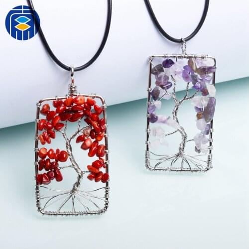 JuleeCrystal 7 Chakra Tree Of Life Pendant Necklace Handmade Women Rainbow Multicolor Wisdom Tree Natural Stone Necklace