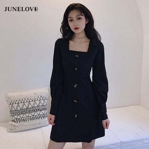 JuneLove Spring Women Square Collar Sexy Button Party Trendy Korean Mini Dress Female Elegant Classic Solid Long Sleeve Vestidos
