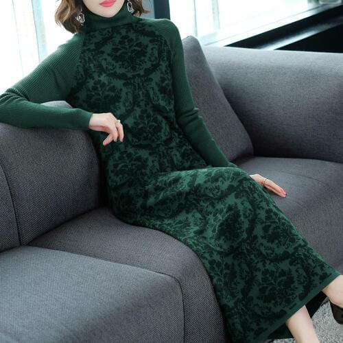 2020 Female Vintage Green Hairy Midi Dresses Autumn Winter Plus Size Long Sleeve Maxi Dress Elegant Women Bodycon Party Vestidos