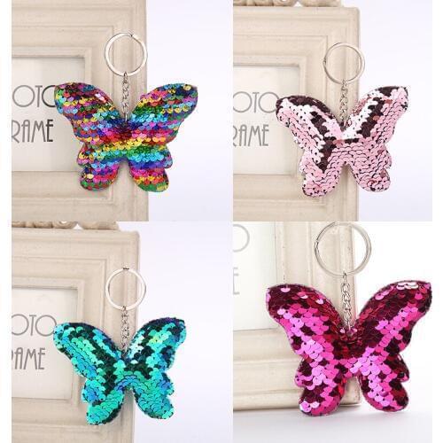 1pcs Cute butterfly Sequin Pom Pom Key Pendant Colorful Stuffed butterfly Doll For Kids Toys Girl Bag Hang Pendant KeyChain gift