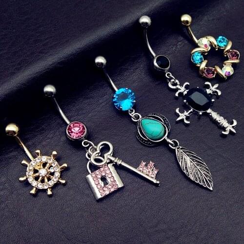 5pcs mix style black cross pink key rudder dangle navel belly bar button rings steel body piercing jewelry cheap
