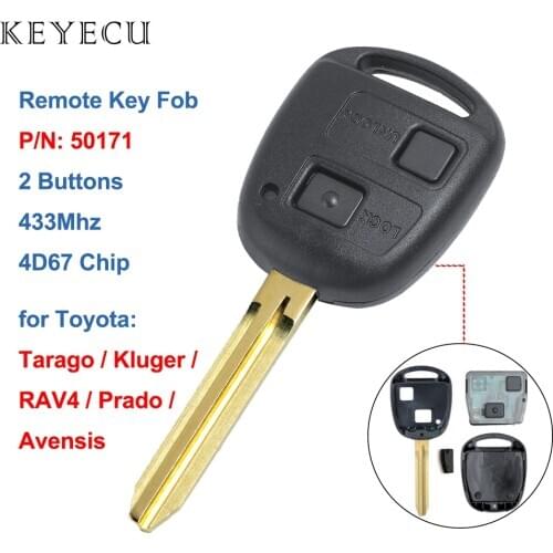 Keyecu Remote Key FOB 2 Button 433MHz 4D67 Chip For Toyota Prado Avensis Tarago 120 RAV4 Kluger 2003-2009 Uncut Blade TOY43