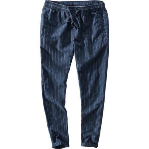 2018 New Spain style blue striped casual male linen pants elastic loose long pants men brand breathable trousers mens pantalon