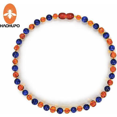 HAOHUPO Amber Bracelet/Necklace for Baby Knotted Natural Beads Gemstone Lapis Lazuli Stone Baltic Sea Amber Jewelry for Baby Men