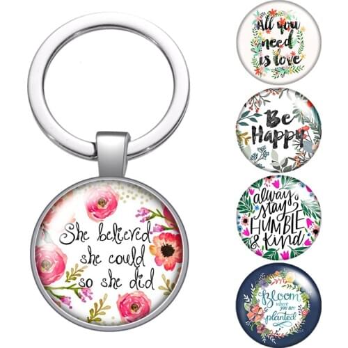 Believe Dream graceful Be happy glass cabochon keychain Bag Car key chain Ring Holder silver color keychains for Women Gifts