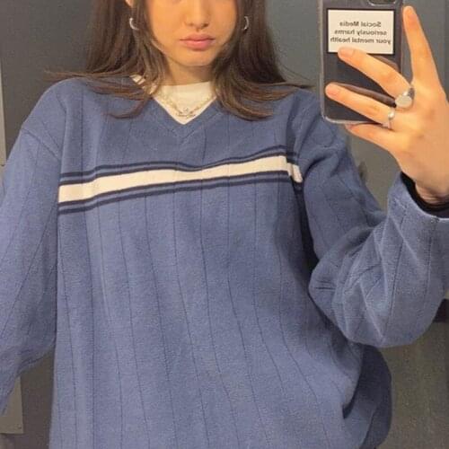Preppy Style V-neck y2k Pullovers Women Autumn V-neck Loose Striped Sweaters Vintage Korean Knitwear Aesthetic 90s Knitted Tops