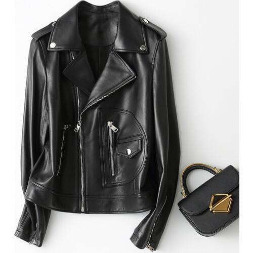 Genuine Streetwear Leather Female Jacket 2020 Autumn Spring Casual Fashion Vintage Fit Sheepskin Real Leather Coat 29051