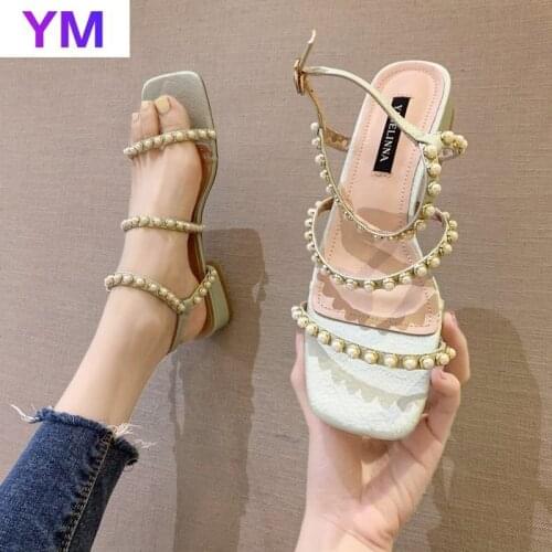 Hot Square Toe Summer Sandals Women Open Toe Gladiator Shoes Women Ring Fashion Shoes Pearls Buckle Square Heels Zapatilla Mujer