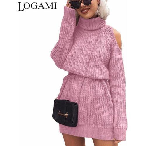 LOGAMI Strapless Shoulder Women Knit Sweater Dress Long Sleeve Turtleneck Knitted Dresses Casual Mini Dress