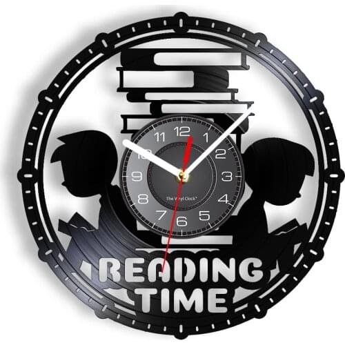 Reading Time Wall Clock Made Of Real Vinyl Record Library Study Art-Decor Non-Ticking Hanging Laser Cut Longplay LED Wall Watch