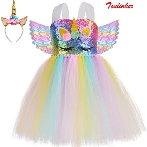 2020 New Halloween Unicorn Costume For Girls Rainbow Unicorn Tutu Dress With Headband Wings Princess Flower Girl Party Dres 2-8
