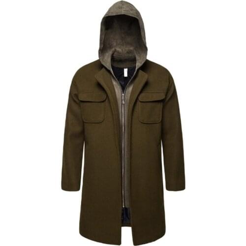 New Trend Fake Two Piece Woolen Coat Men Hooded Army Green Mens Windbreaker Fashion Zipper Woolen Overcoat