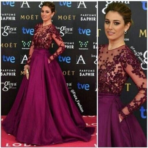 Red carpet dresses Goya Awards Purple Sheer Neck Long Sleeves Luxury Beaded Sequins Prom Party Evening Gown Celebrity Dresses