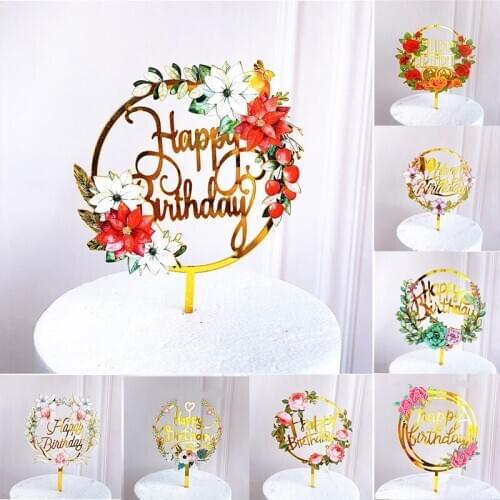 Rose Flowers Acrylic Happy Birthday Party Cake Topper Color Printing Flower Cake Topper for Baby Birthday Party Cake Decorations