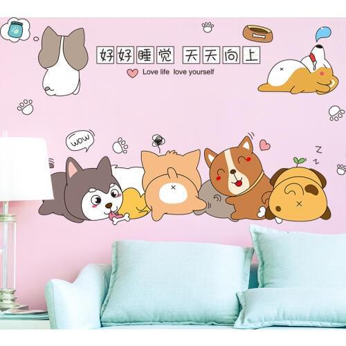 [shijuekongjian] Cartoon Dogs Wall Stickers DIY Animal Wall Decals for Kids Room Baby Bedroom Decoration Children Gift