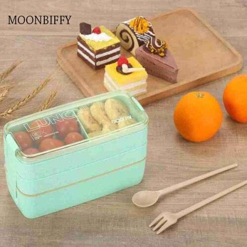 Three-layer Plastic Lunch Box With Fork Spoon Japanese Style Portable Wheat Straw Bento Food Box For Microwave Dinnerware