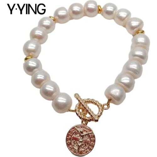 Y·YING natural White Rondelle Freshwater Pearl Gold Color plated Charm strand Bracelet 8" classic wedding for women
