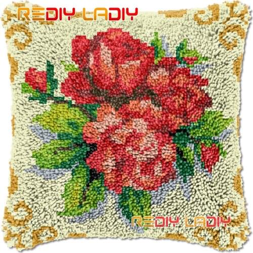 Latch Hook Cushion Rose Bouquet DIY Needlepoint Kits Chunky Acrylic Yarn Arts Crocheting Lofty Pillow Case Hobby & Crafts