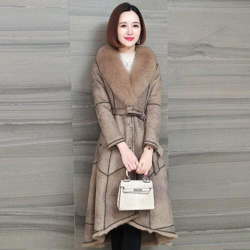 High End New Winter Fox Collar Coat Rex Rabbit Original Ecological Fur One Womens Jacket Luxury Long Style Asymmetry Overcoat