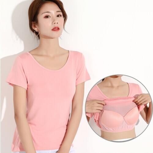 Womens Summer Pajama Casual One-piece Chest Padded Solid Nightwear O Neck Sleep Tops Yoga Short Sleeve Sleepwear Homewear