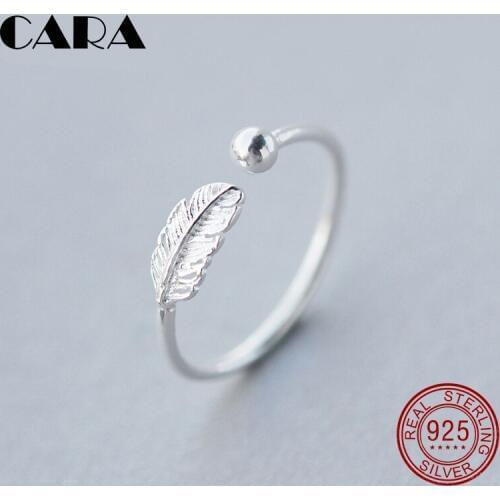 CARA NEW girls free sizes 925 sterling silver feather & Bead rings ladies anti-allergic silver open rings jewelries CARA0166