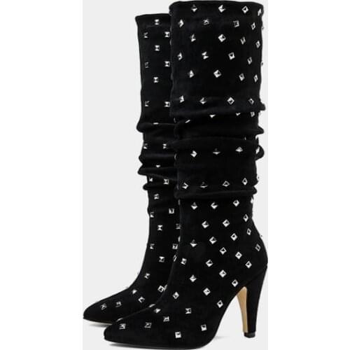 New arrive woman black leather Pointed stiletto heel knee high boots rivets beading high heel woman knee high boot long boots