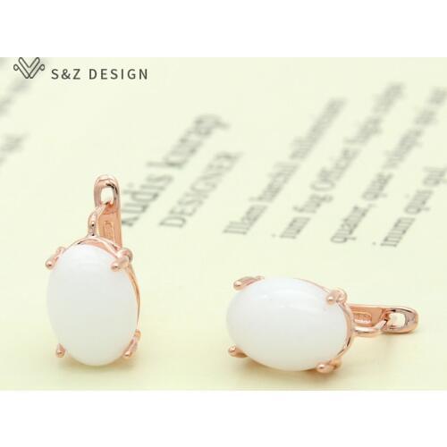 S&Z DESIGN New Elegant Oval Egg Shape Natural Stone 585 Rose Gold Dangle Earrings For Women Girls Fashion Party Wedding Jewelry