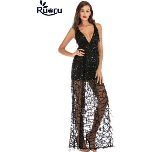 Ruoru Long Evening Party Dress Black V Neck Women Sequin Dresses Spring Summer Backless Maxi Dresses for Women Runway Dress