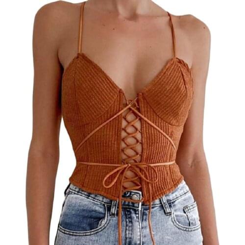 Womens Crop Cami Tops Sexy V Neck Sleeveless Spaghetti Strap Cross Tie Up Camisole