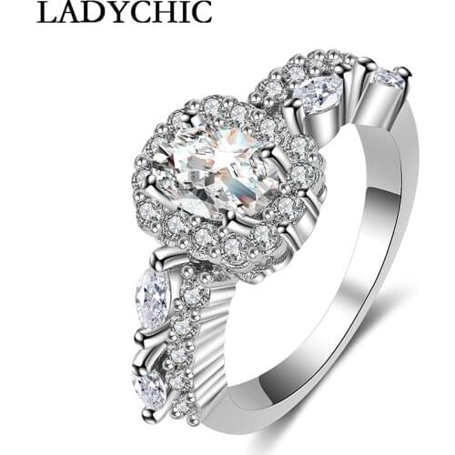 LADYCHIC Luxury 2ct Oval Cut AAA Cubic Zircon Ring with Micro Paved CZ for Women Trendy Shiny Female Jewelry Rings LR1042