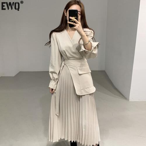 [EWQ] Korea Chic Casual Fashion Trend Women V-neck Cross Tie Pleated Loose Apricot Long-sleeved Suit Dress Summer 2021 16E987