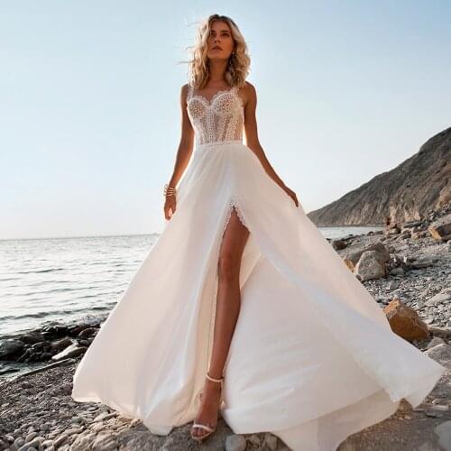 Beach Slit Wedding Dress 2021 Satin Chiffon Boho Sweetheart Lace Spaghetti Straps Bridal Gowns High Split Backless Sexy Long New