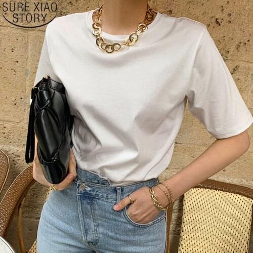 2021 Summer Short Sleeve T-shirt Cotton White Shirt Korea Casual Loose Tops O-neck Cotton Simple Basic Bottom Clothing 14159
