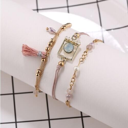 3pcs/set Handcraft Boutique Fashion Multilayer Crystal Stone Beads Strand Bracelets Tassel Bangles Pulseras Womens Boho Mujer