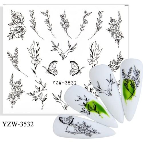 WUF 4PCS Black Butterfly Flower Leaf Water Nail Stickers Decals Mixed Floral Watermarks Manicure Sliders Nail Art Decoration