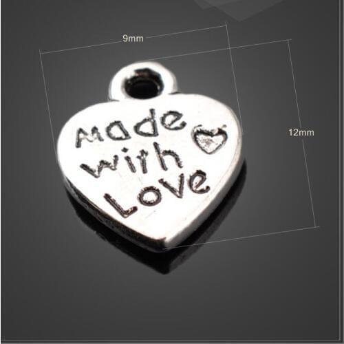 50 PCS/Lot 9mm*12mm jewelry handmade charm antique silver plated alphabet made with love heart charms
