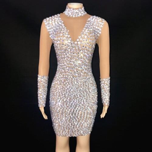 Shining Silver Rhinestones Turtleneck Dress Prom Evening Sexy Transparent Mesh Costume See Through Birthday Long Sleeves Dress
