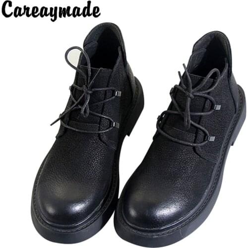 Careaymade-New Genuine leather retro round head short boots female literature and art rubbing flat bottom Martin boots leisure