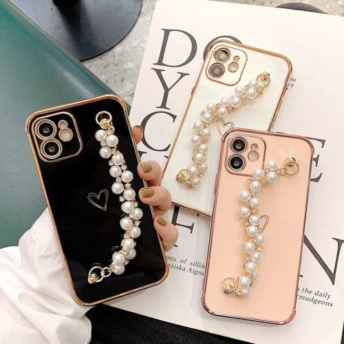 Soft Electroplated Phone Case For iPhone 11 12 Pro Max XS X XR 7 8 Plus mini SE 2020 Pearl Bracelet Shockproof Cases Cover