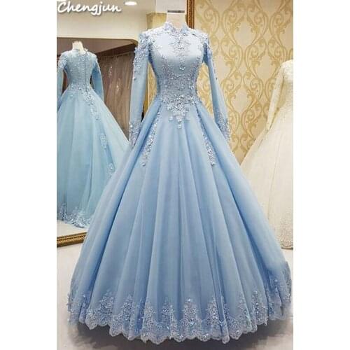 Chengjun Muslim Wholesale Turkey Women Blue Full Sleeves Arab Wedding Dress