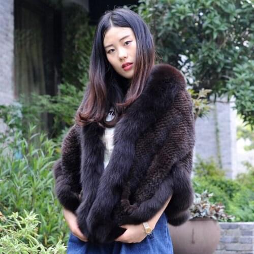CX-B-M-99E Big Fox Fur Trim New Fashion Winter Womens Genuine Knitted Mink Fur Shawls