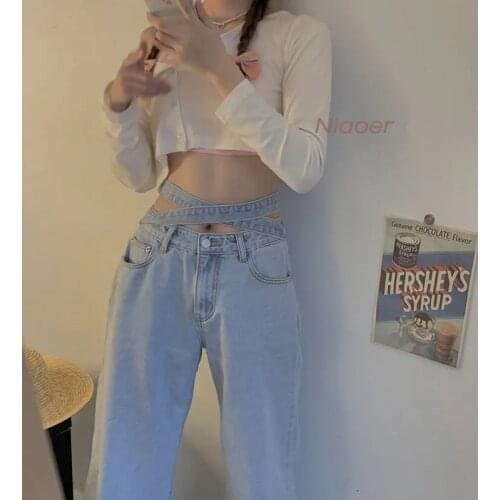 Cross Straps High Waist Korean Fashion Wide Leg Jeans Women Casual Aesthetic Hip Hop Gothic Pockets Straight Denim Jeans Female