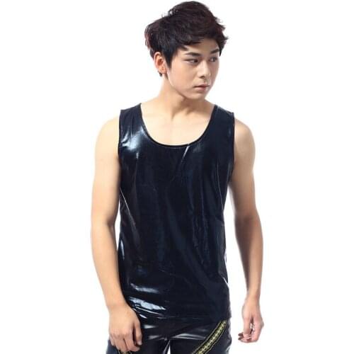 Idopy Men`s Hip Hop Fake Faux Leather T Shirts Dance Stage Performance Sleeveless Sexy Nightclub Cosplay Hipster Tees