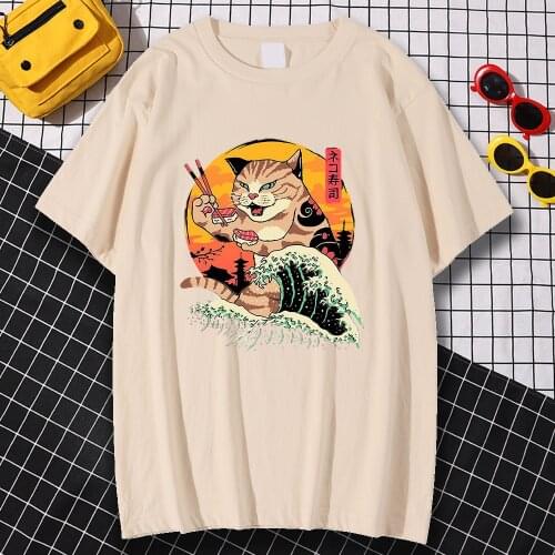 Japan Ukiyo E Style Waves Cat Print T Shirt Man Fashion Street Streetwear Retro Big Size Clothes Funny Oversized Male T Shirt